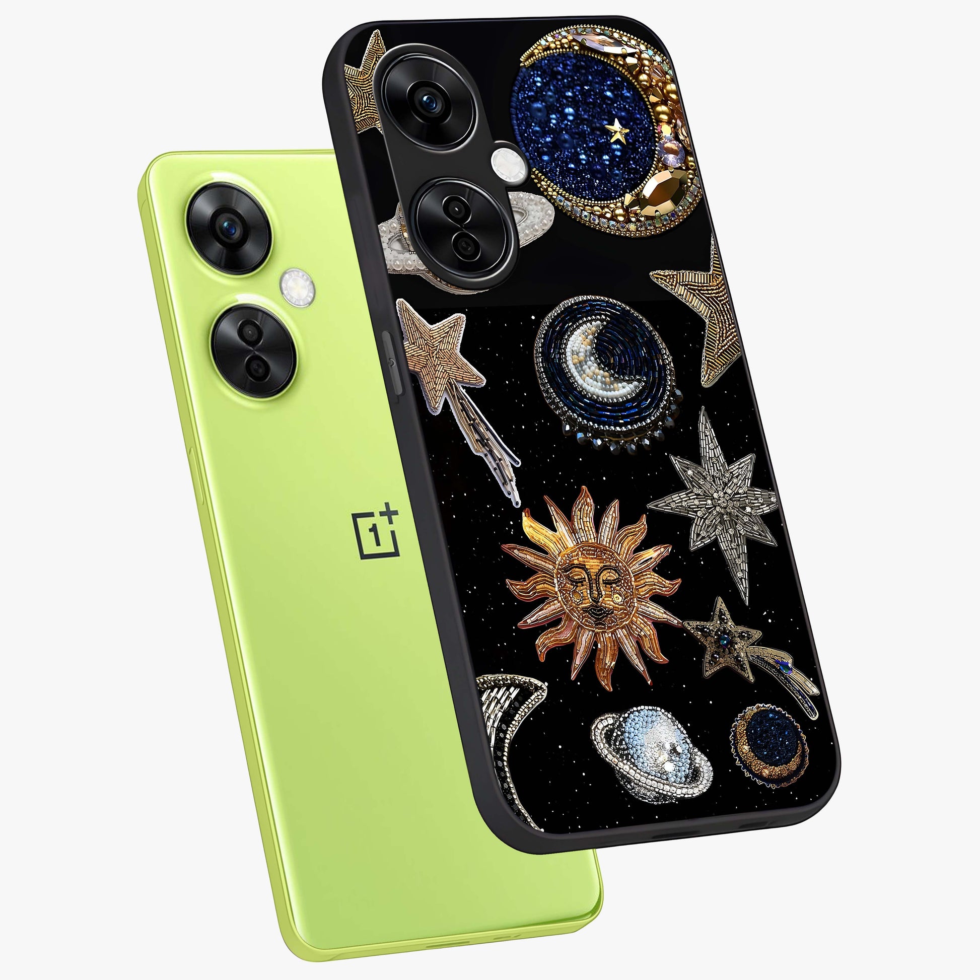 Celestial Gem Constellations Glass Case for 1+Nord CE 3 Lite angled mockup showcasing glossy finish and sparkling cosmic design