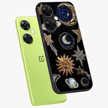 Celestial Gem Constellations Glass Case for 1+Nord CE 3 Lite angled mockup showcasing glossy finish and sparkling cosmic design