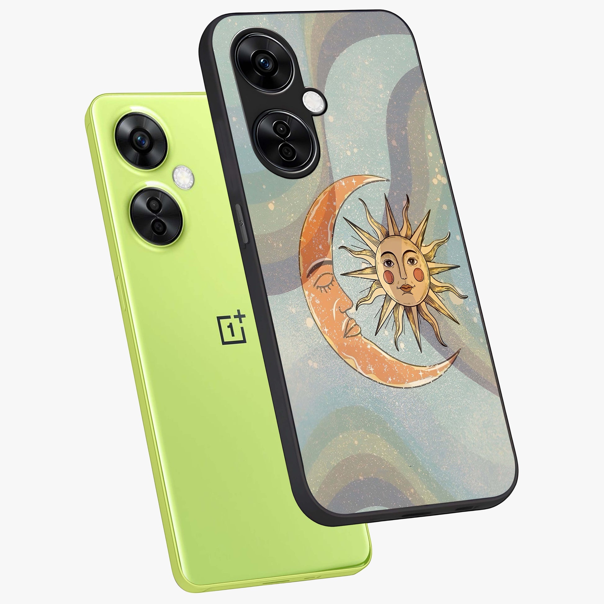 Celestial Harmony Vibes Glass Case for 1+Nord CE 3 Lite angled mockup showcasing glossy finish and smooth celestial gradients