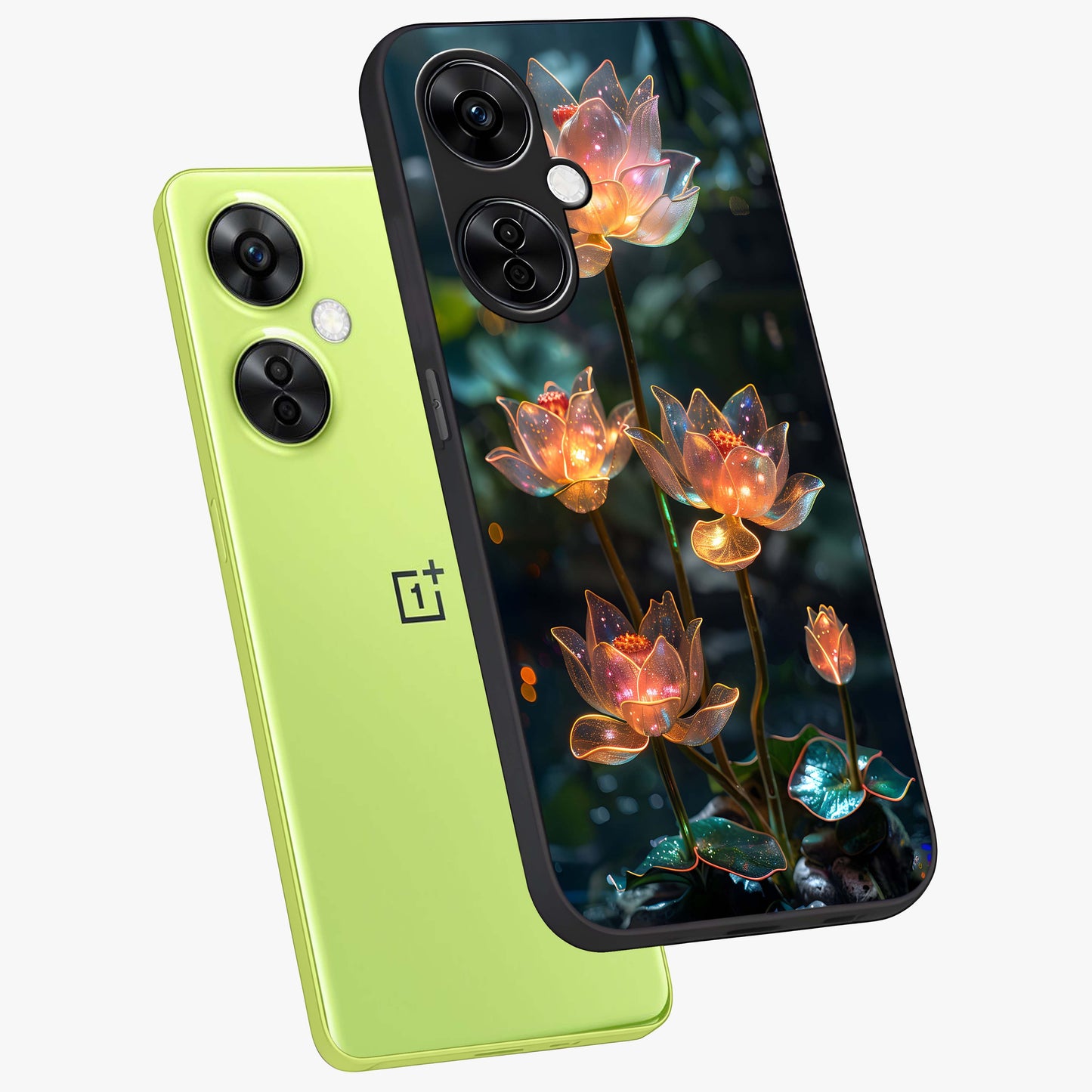 Celestial Lotus Light Glass Case for 1+Nord CE 3 Lite angled mockup showcasing glossy finish and radiant celestial tones