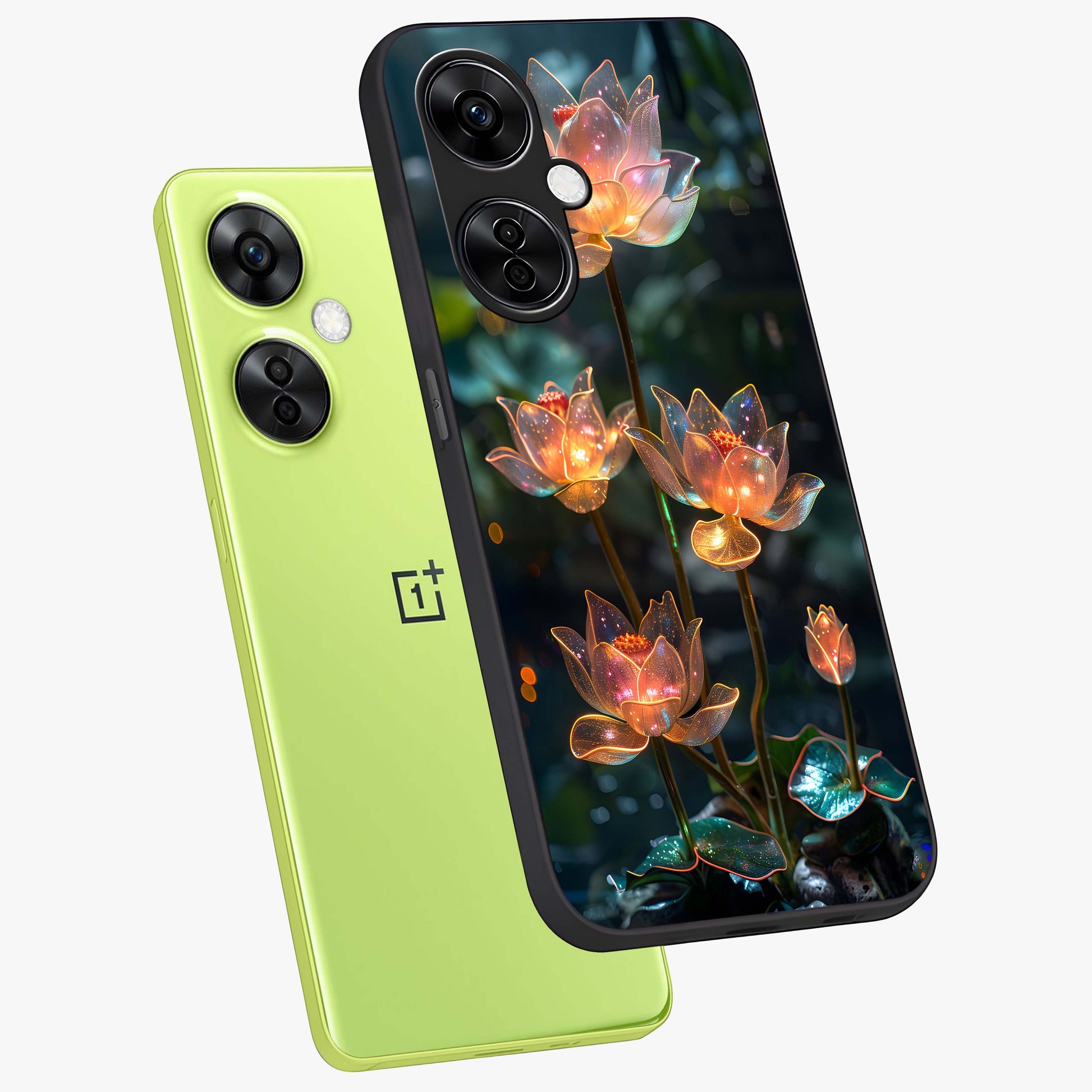 Celestial Lotus Light Glass Case for 1+Nord CE 3 Lite angled mockup showcasing glossy finish and radiant celestial tones