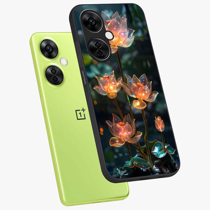 Celestial Lotus Light Glass Case for 1+Nord CE 3 Lite angled mockup showcasing glossy finish and radiant celestial tones