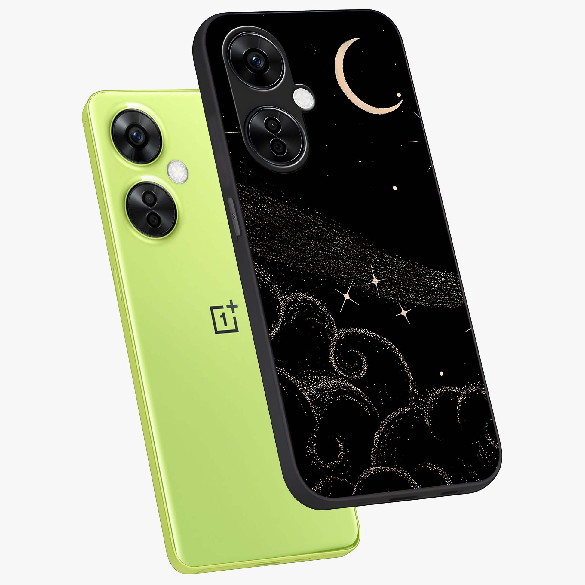 Celestial Midnight Veil Glass Case for 1+Nord CE 3 Lite angled mockup showcasing glossy finish and dark celestial gradients