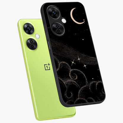 Celestial Midnight Veil Glass Case for 1+Nord CE 3 Lite angled mockup showcasing glossy finish and dark celestial gradients