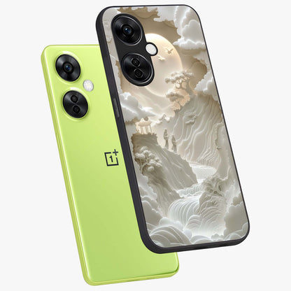 Celestial Origami Glass Case for 1+Nord CE 3 Lite angled mockup showcasing glossy finish and geometric celestial design