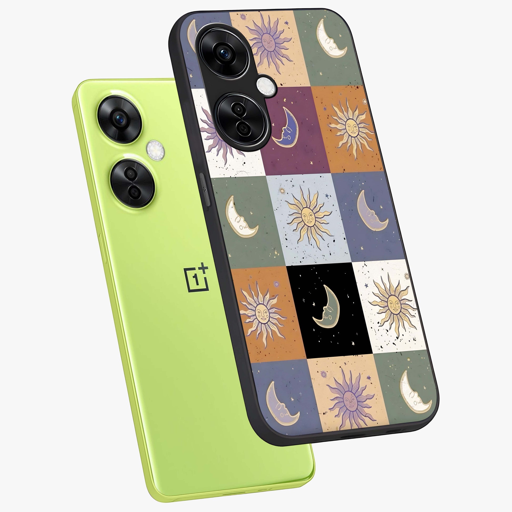 Celestial Patchwork Dreams Glass Case for 1+Nord CE 3 Lite angled mockup showcasing glossy finish and layered celestial textures