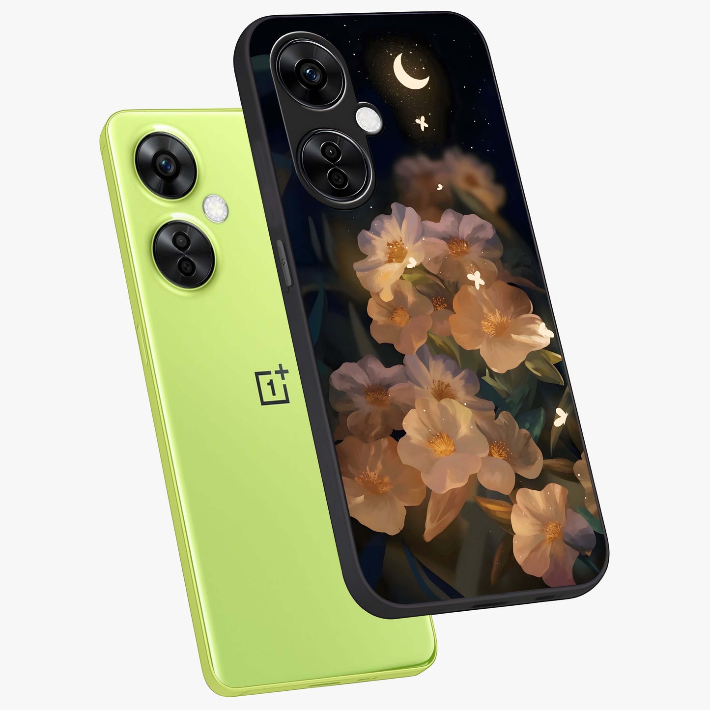 Celestial Petal Night Glass Case for 1+Nord CE 3 Lite angled mockup showcasing glossy finish and glowing celestial accents