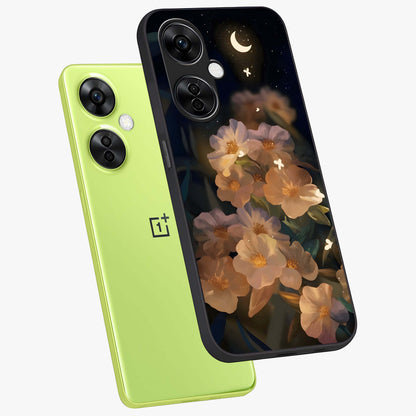 Celestial Petal Night Glass Case for 1+Nord CE 3 Lite angled mockup showcasing glossy finish and glowing celestial accents