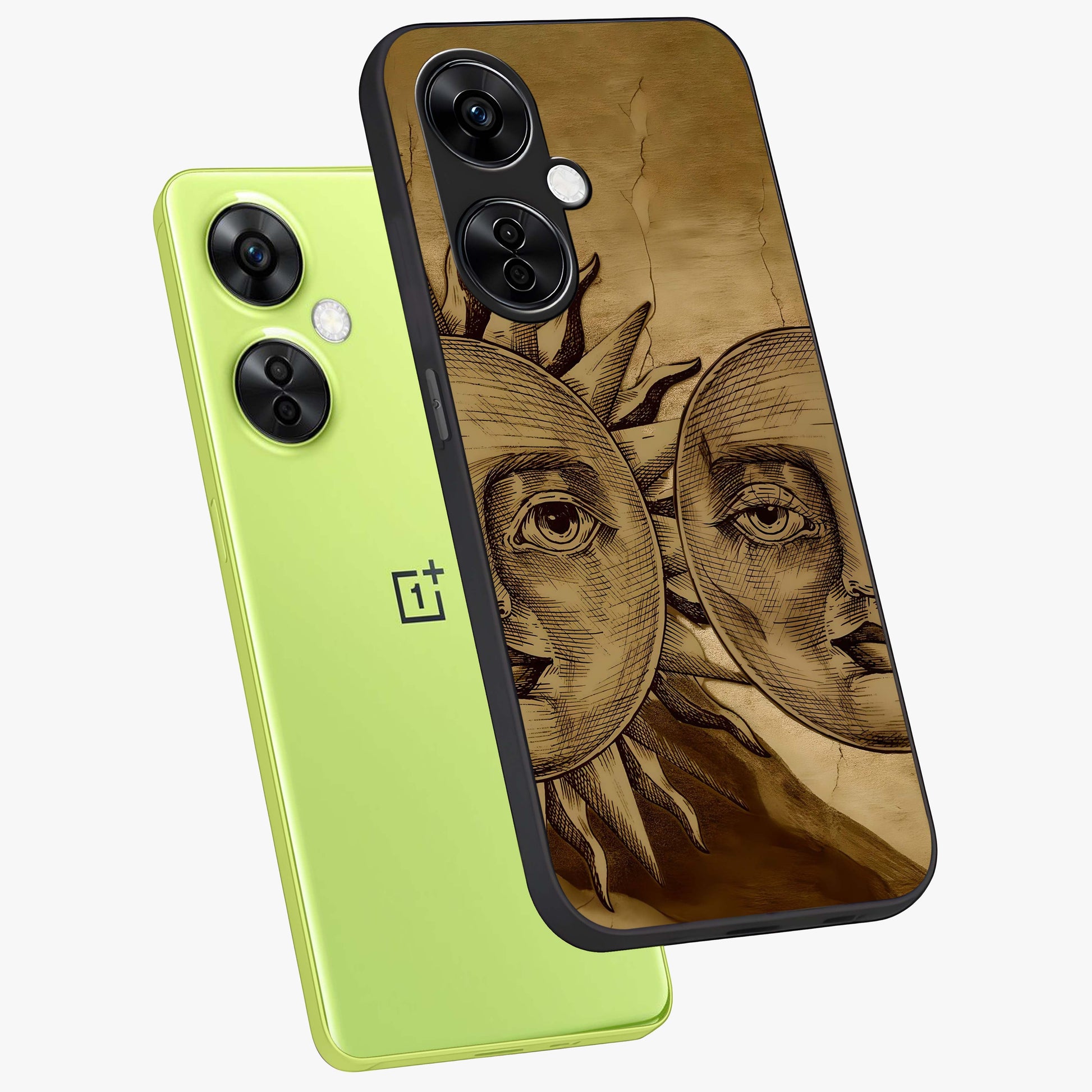 Celestial Relic Glow Glass Case for 1+Nord CE 3 Lite angled mockup showcasing glossy finish and radiant glow detailing