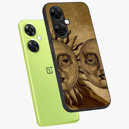 Celestial Relic Glow Glass Case for 1+Nord CE 3 Lite angled mockup showcasing glossy finish and radiant glow detailing