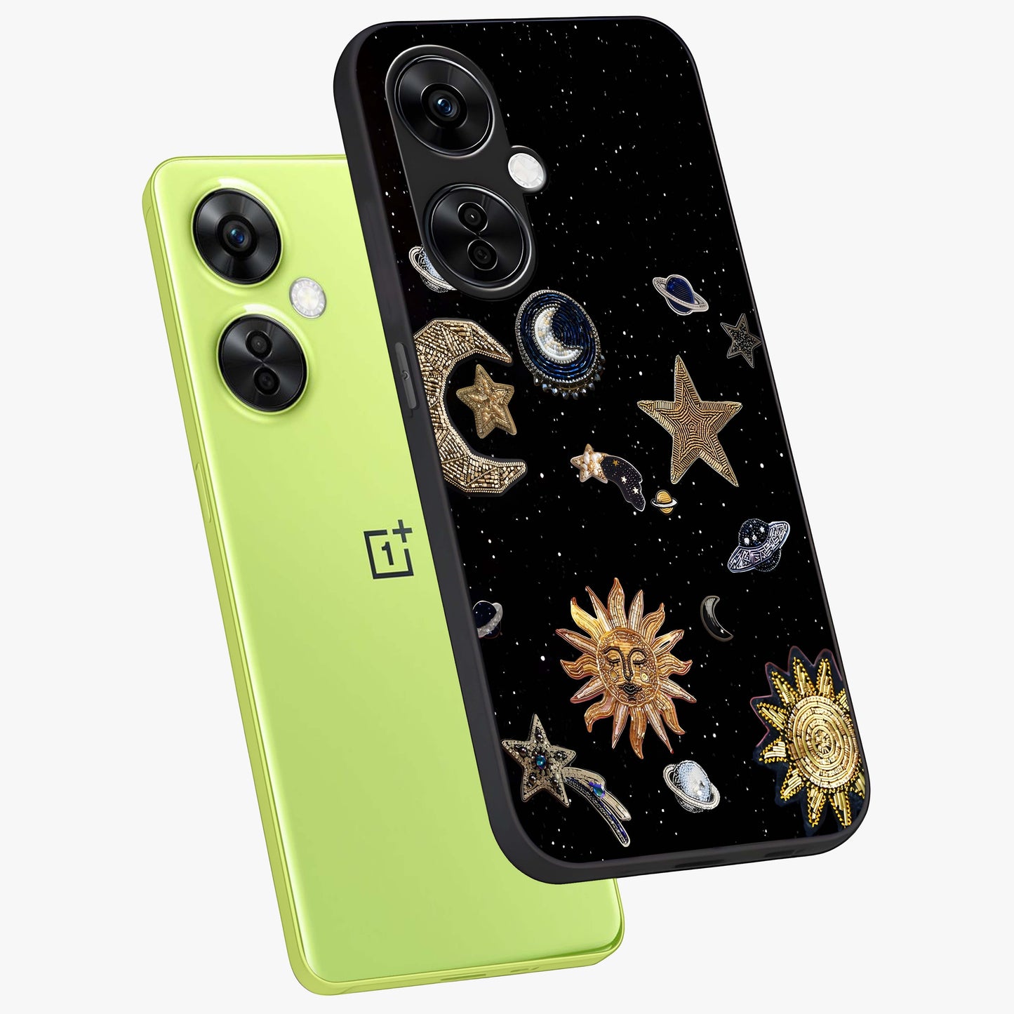 Celestial Star Charm Glass Case for 1+Nord CE 3 Lite angled mockup showcasing glossy finish and shimmering celestial tones