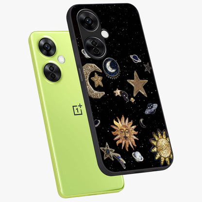 Celestial Star Charm Glass Case for 1+Nord CE 3 Lite angled mockup showcasing glossy finish and shimmering celestial tones