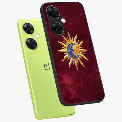Celestial Unity Charm Glass Case for 1+Nord CE 3 Lite angled mockup showcasing glossy finish and balanced cosmic design