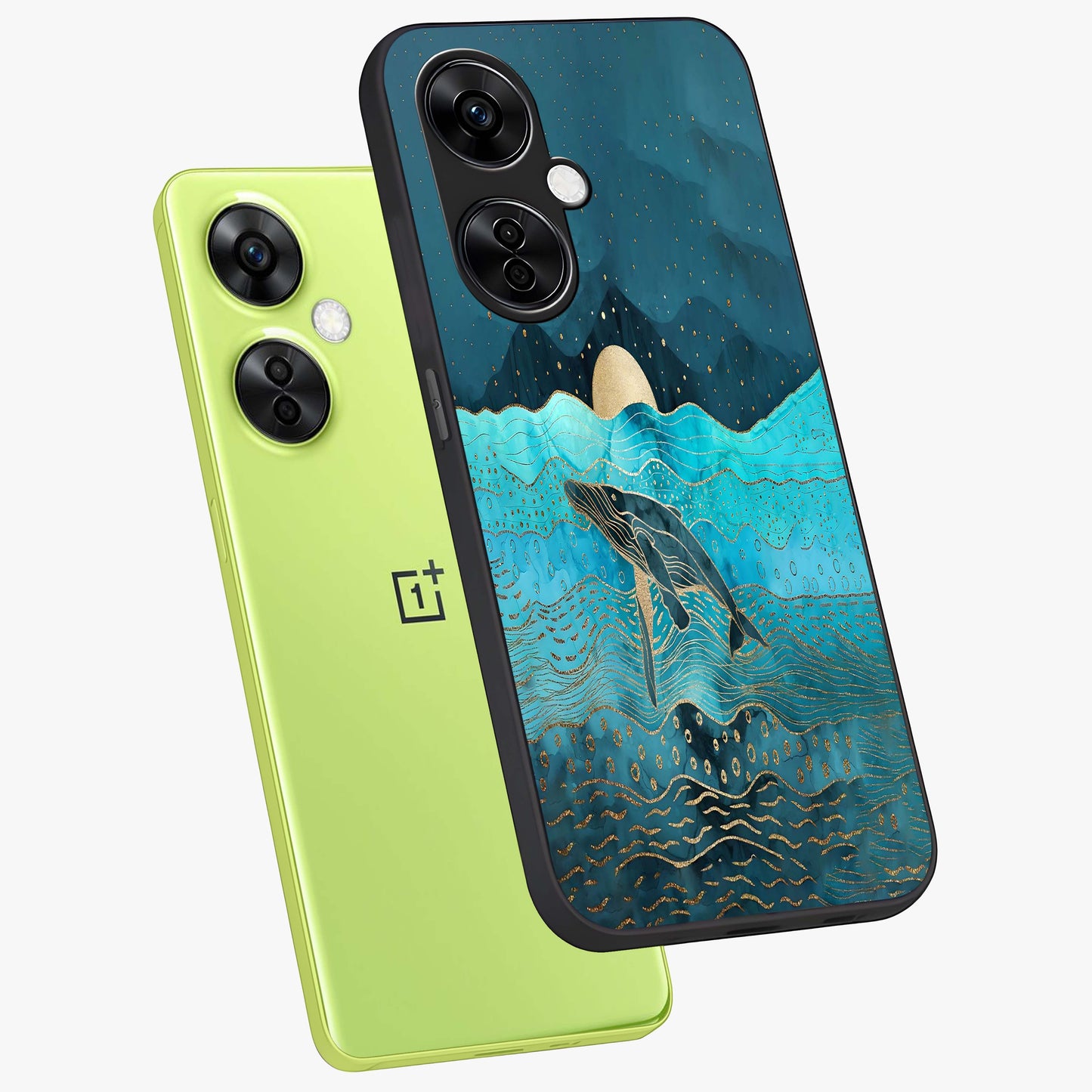 Celestial Whale Voyage Glass Case for 1+Nord CE 3 Lite angled mockup showcasing glossy finish and deep celestial tones