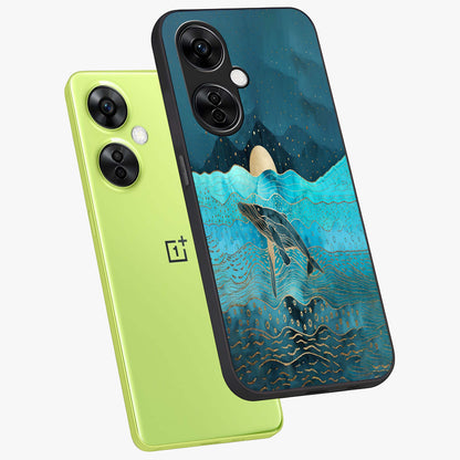 Celestial Whale Voyage Glass Case for 1+Nord CE 3 Lite angled mockup showcasing glossy finish and deep celestial tones