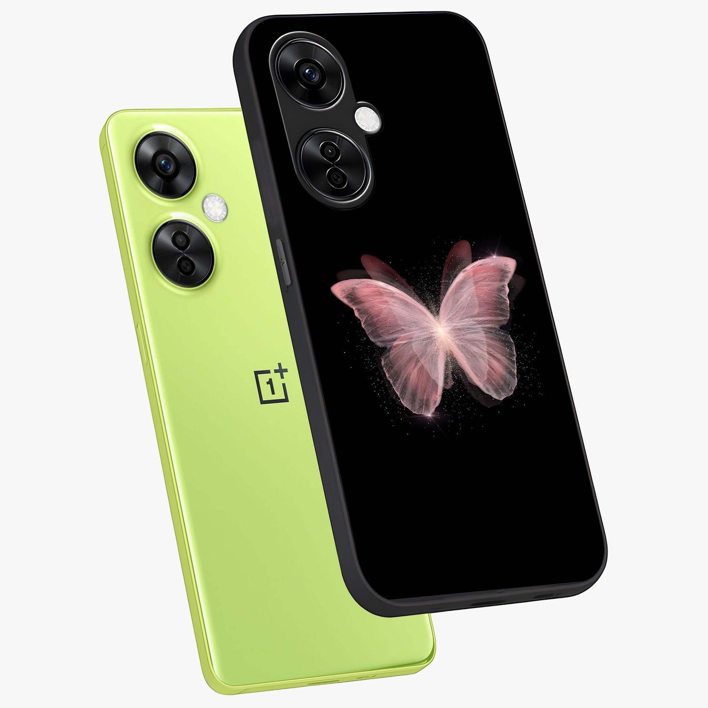 Celestial Wings Butterfly Glass Case for 1+Nord Ce 3 Lite angled mockup showcasing glossy finish and luminous wing detailing