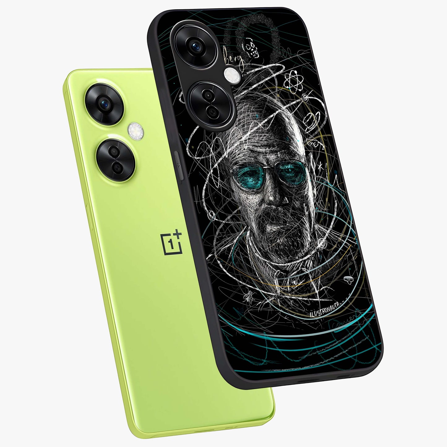 Chaotic Mind Genius Glass Case for 1+Nord CE 3 Lite angled mockup showcasing glossy finish and edgy artistic design