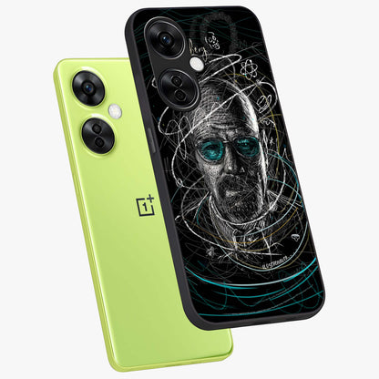Chaotic Mind Genius Glass Case for 1+Nord CE 3 Lite angled mockup showcasing glossy finish and edgy artistic design
