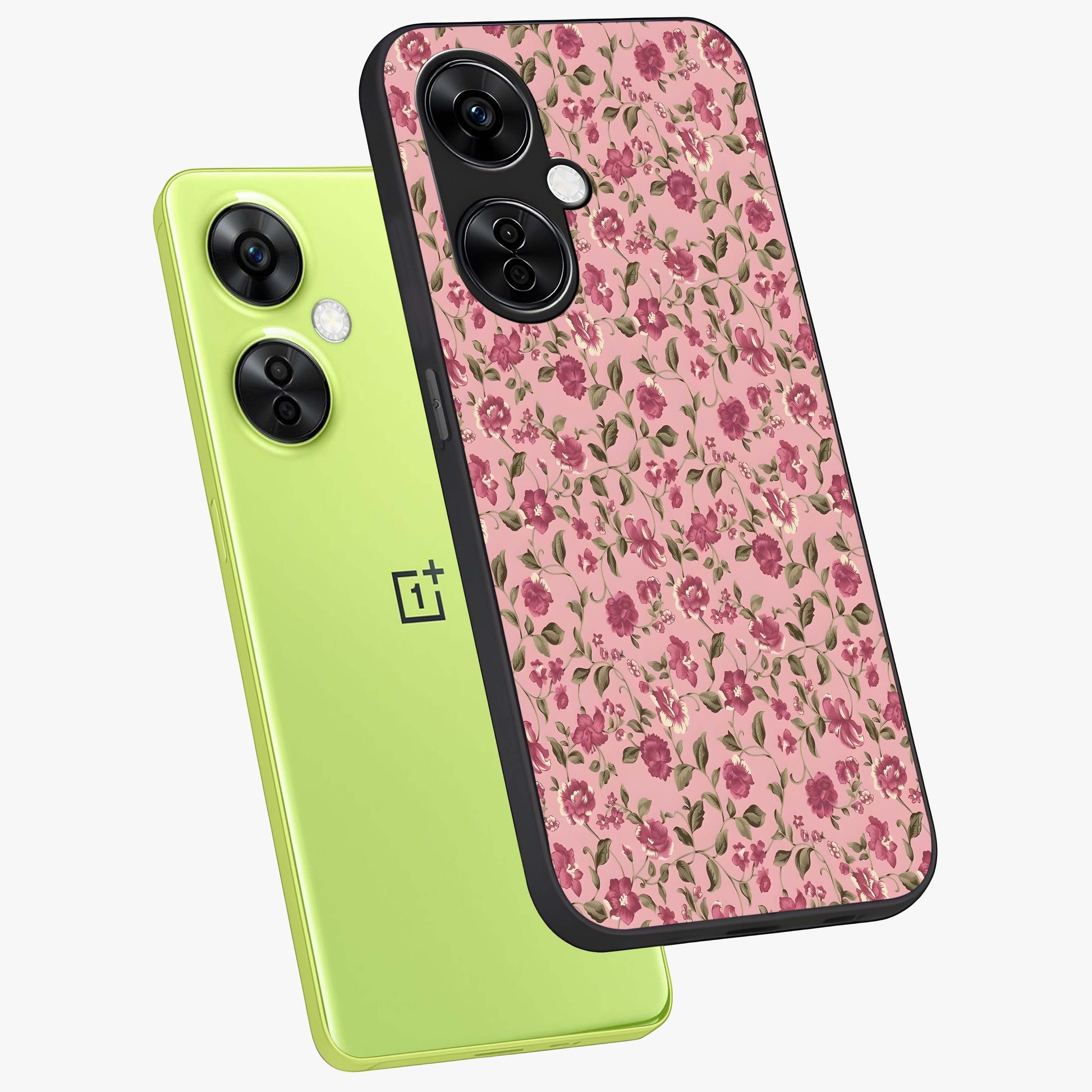 Charming Pink Floral Glass Case for 1+Nord CE 3 Lite angled mockup showcasing glossy finish and elegant bloom detailing