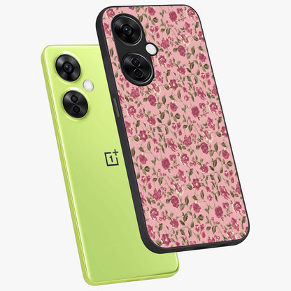 Charming Pink Floral Glass Case for 1+Nord CE 3 Lite angled mockup showcasing glossy finish and elegant bloom detailing