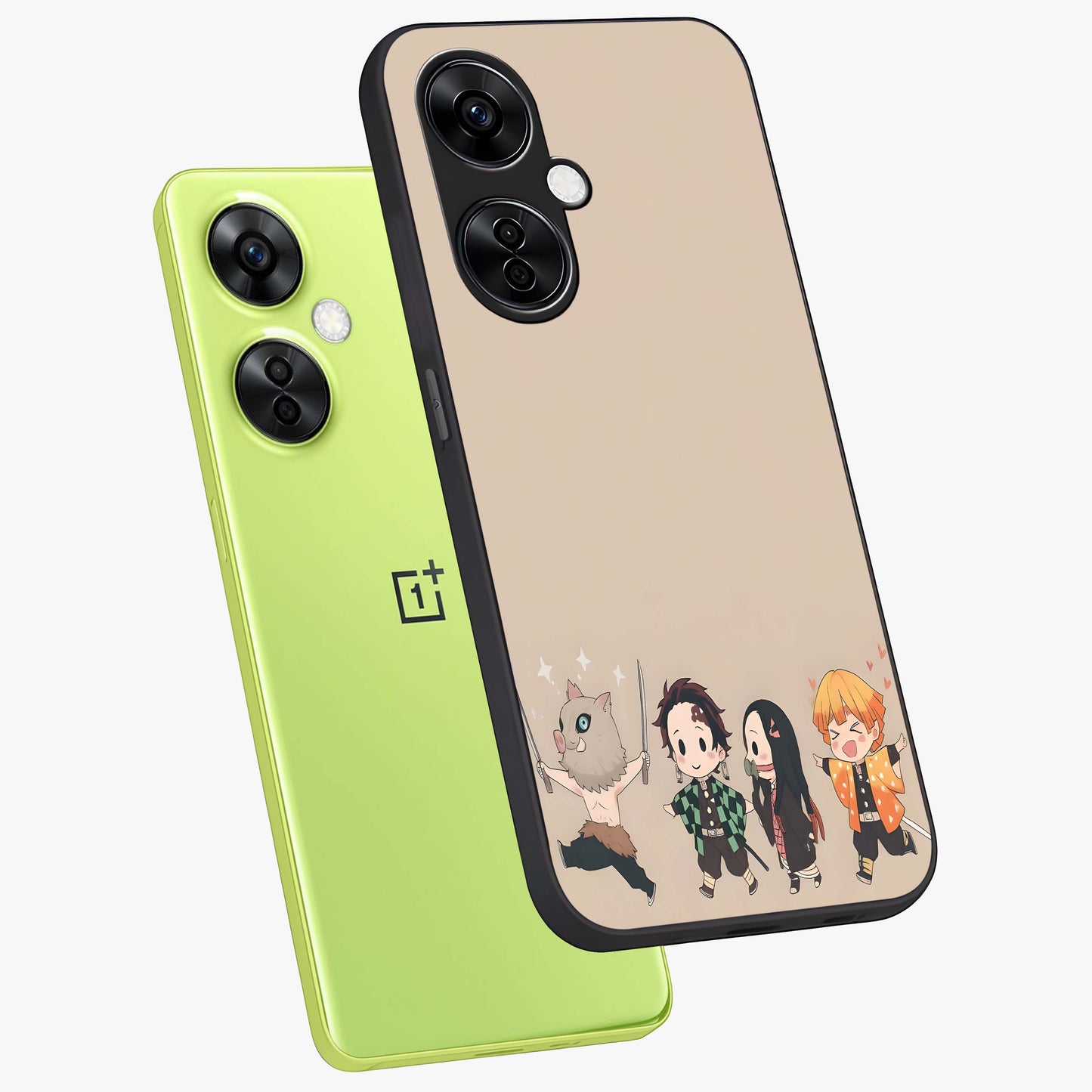 Chibi Demon Squad Glass Case for 1+Nord CE 3 Lite angled mockup showcasing glossy finish and vibrant anime inspired design
