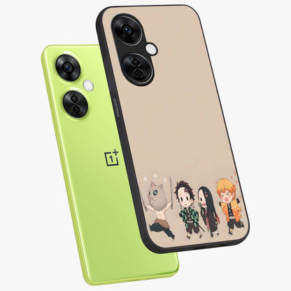 Chibi Demon Squad Glass Case for 1+Nord CE 3 Lite angled mockup showcasing glossy finish and vibrant anime inspired design