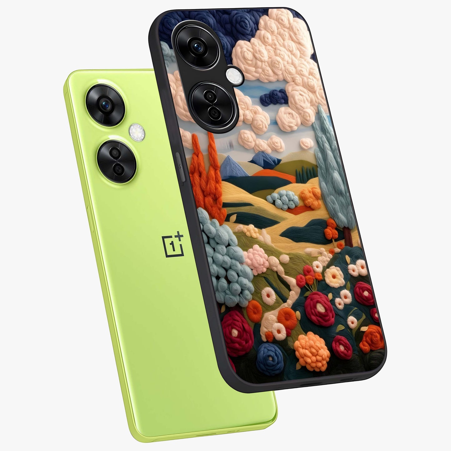 Cloud Cotton Meadows Printed Glass Case for 1+Nord CE 3 Lite angled mockup showcasing glossy glass finish and airy pastel design
