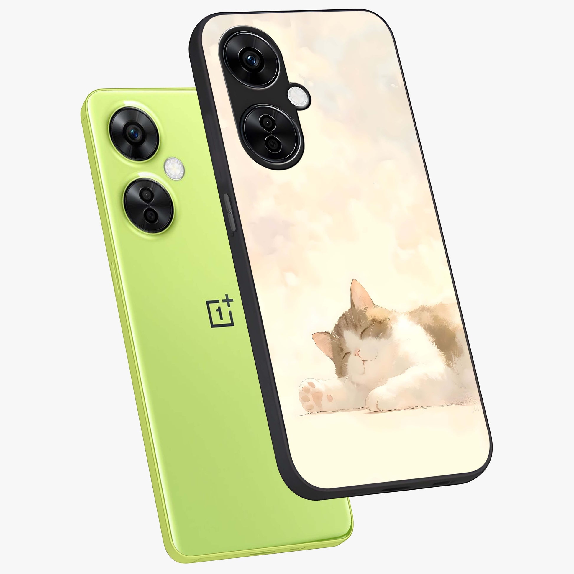 Cloud Nap Cat Glass Case for 1+Nord CE 3 Lite angled mockup showcasing glossy finish and cozy pastel tones