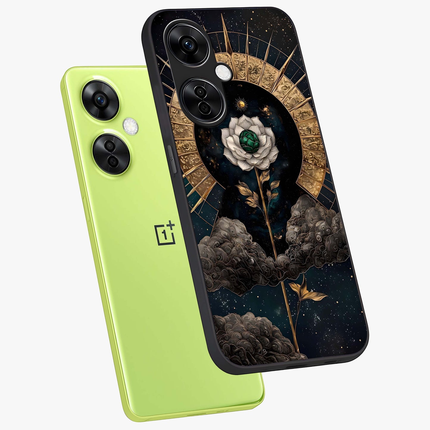 Cosmic Bloom Rose Glass Case for 1+Nord CE 3 Lite angled mockup showcasing glossy finish and vibrant celestial floral tones