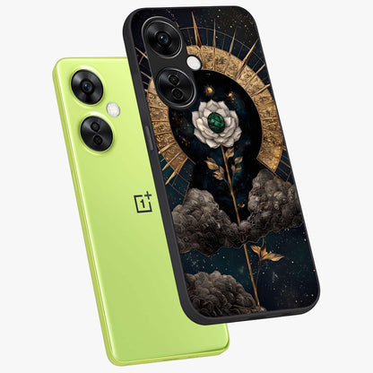 Cosmic Bloom Rose Glass Case for 1+Nord CE 3 Lite angled mockup showcasing glossy finish and vibrant celestial floral tones