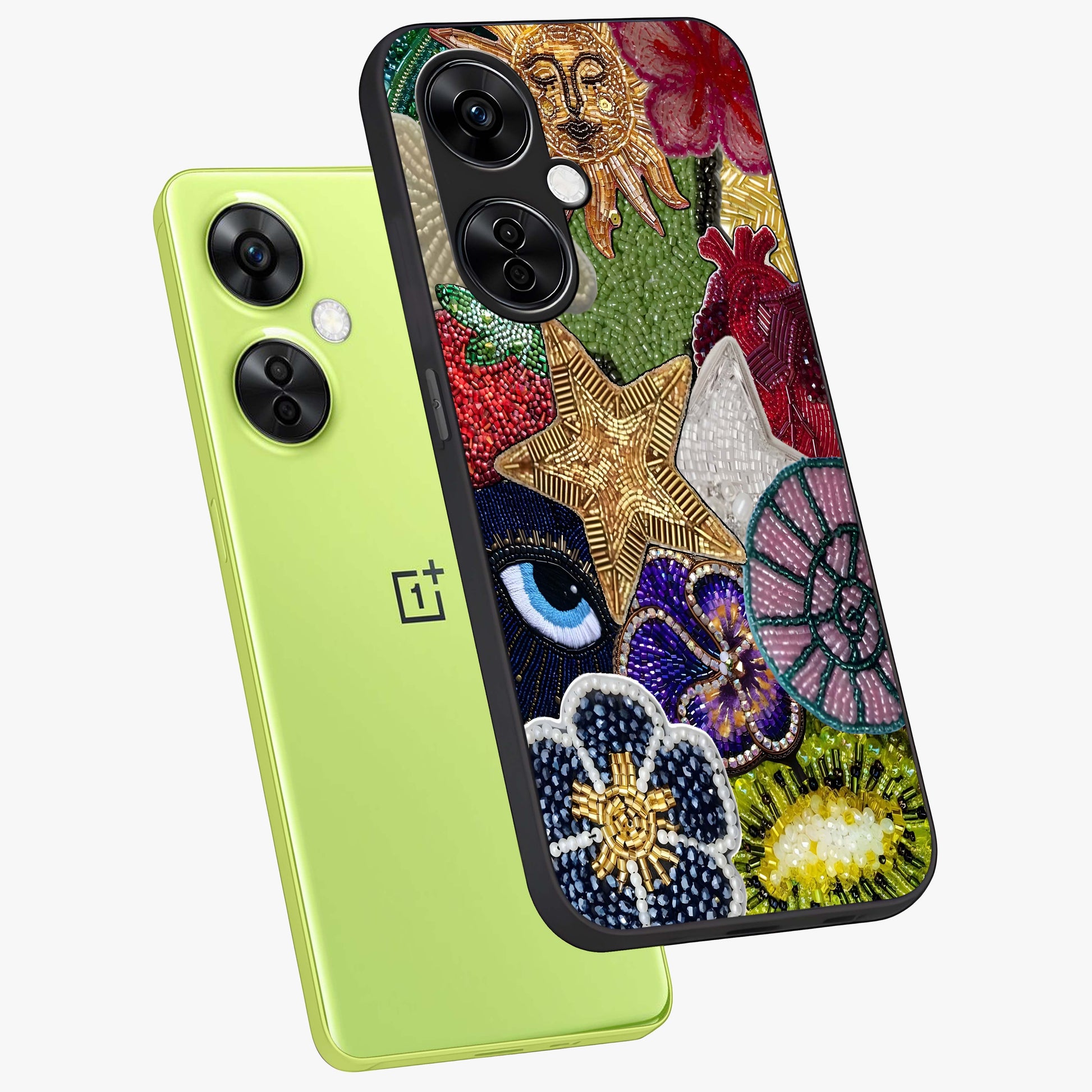Cosmic Charm Shine Glass Case for 1+Nord CE 3 Lite angled mockup showcasing glossy finish and sparkling cosmic tones