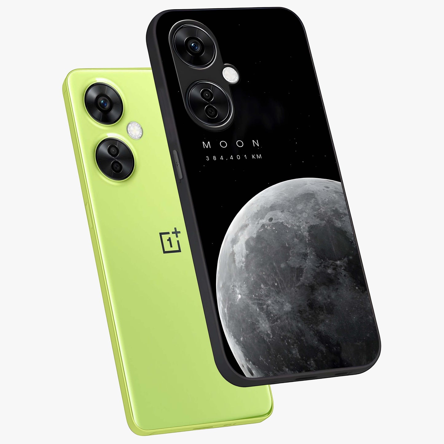 Cosmic Moon Glow Glass Case for 1+Nord CE 3 Lite angled mockup showcasing glossy finish and luminous night design