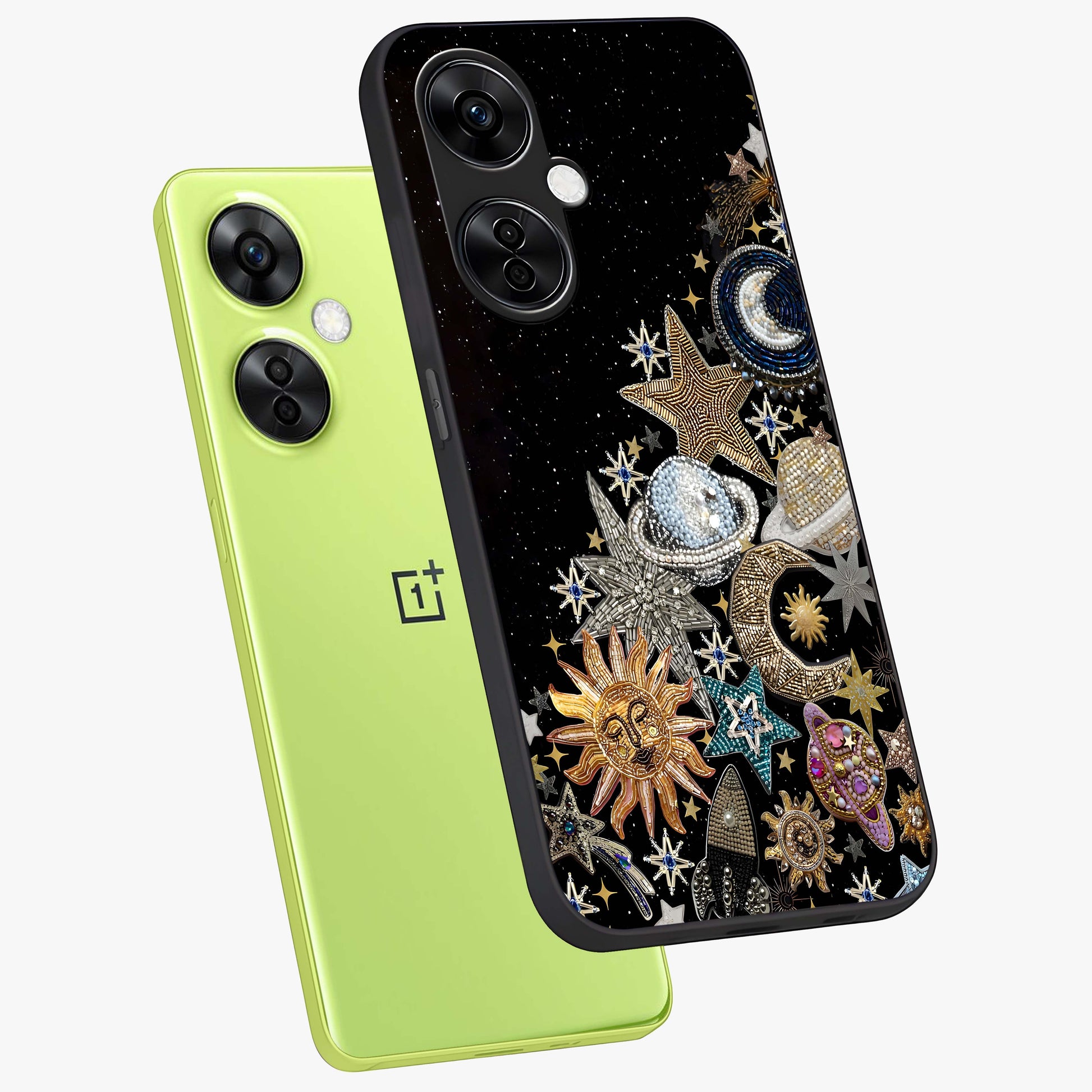 Cosmic Sparkle Dreams Glass Case for 1+Nord CE 3 Lite angled mockup showcasing glossy finish and vibrant celestial glow