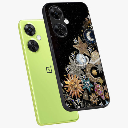 Cosmic Sparkle Dreams Glass Case for 1+Nord CE 3 Lite angled mockup showcasing glossy finish and vibrant celestial glow