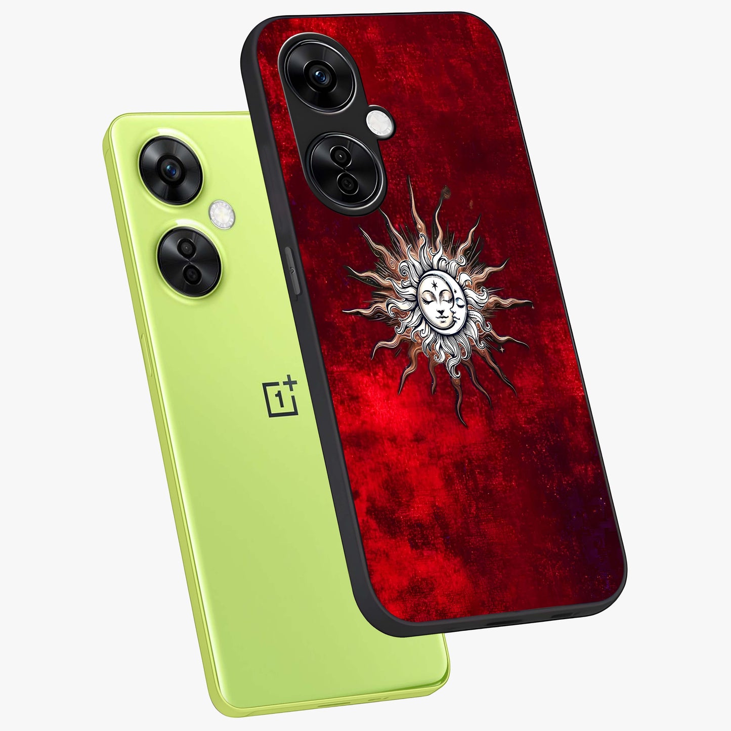 Cosmic Twin Eclipse Glass Case for 1+Nord CE 3 Lite angled mockup showcasing glossy finish and bold celestial contrast