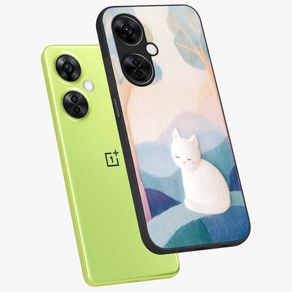Cotton Dream Cat Glass Case for 1+Nord CE 3 Lite angled mockup showcasing glossy glass finish and cozy aesthetic design