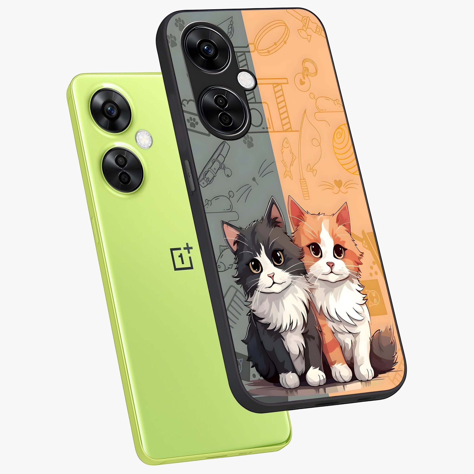 Cozy Cat Duo Glass Case for 1+Nord CE 3 Lite angled mockup showcasing glossy finish and charming pastel tones