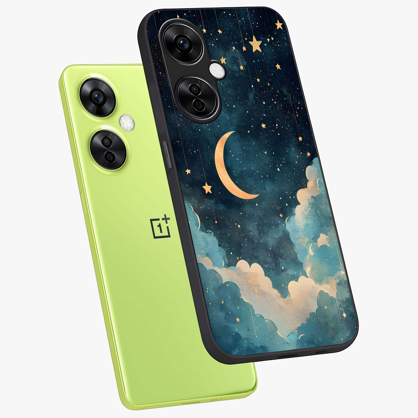 Crescent Galaxy Moon Glass Case for 1+Nord CE 3 Lite angled mockup showcasing glossy finish and glowing galaxy tones