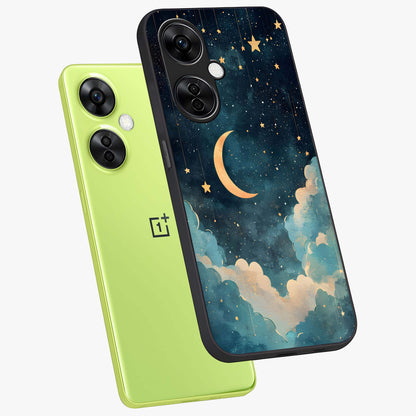 Crescent Galaxy Moon Glass Case for 1+Nord CE 3 Lite angled mockup showcasing glossy finish and glowing galaxy tones