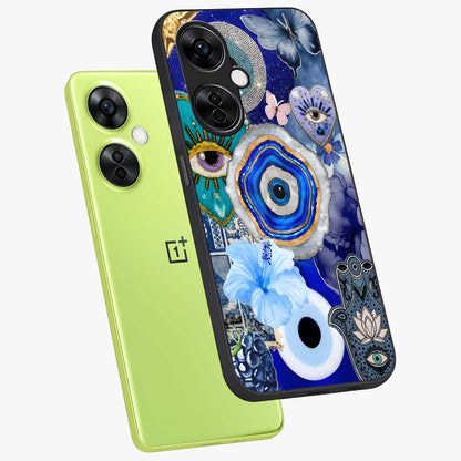 Crimson Evil Eye Charm Glass Case for 1+Nord Ce 3 Lite angled mockup showcasing glossy finish and vibrant symbolic detailing