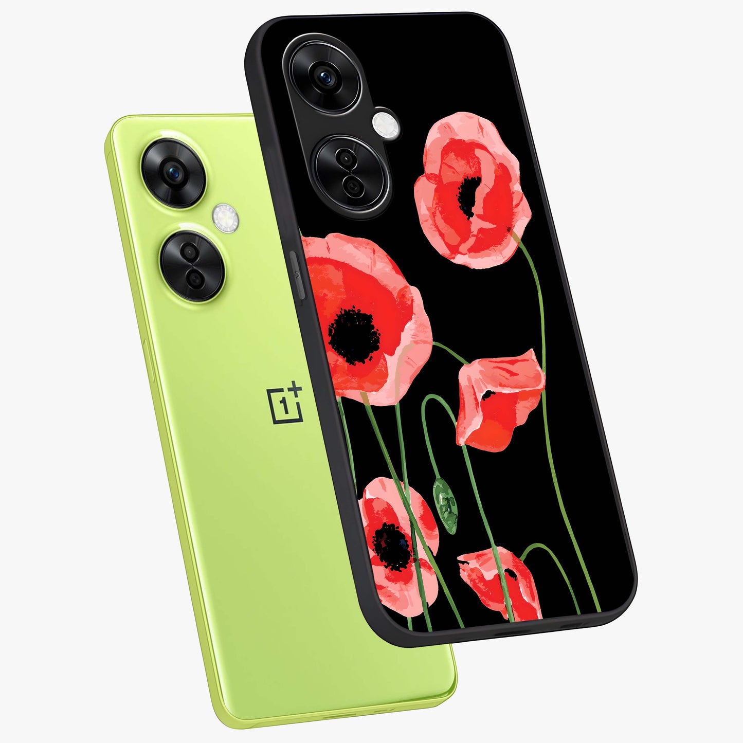Crimson Garden Dream Glass Case for 1+Nord CE 3 Lite angled mockup showcasing glossy finish and vibrant bloom detailing