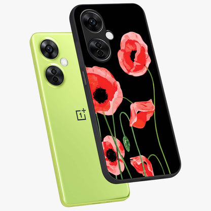 Crimson Garden Dream Glass Case for 1+Nord CE 3 Lite angled mockup showcasing glossy finish and vibrant bloom detailing