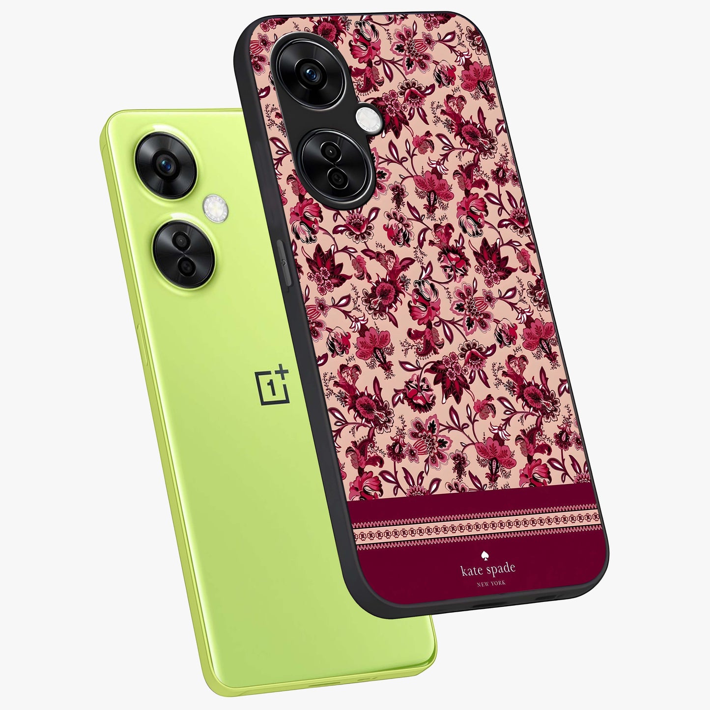 Crimson Rose Charm Glass Case for 1+Nord CE 3 Lite angled mockup showcasing glossy finish and romantic floral detailing