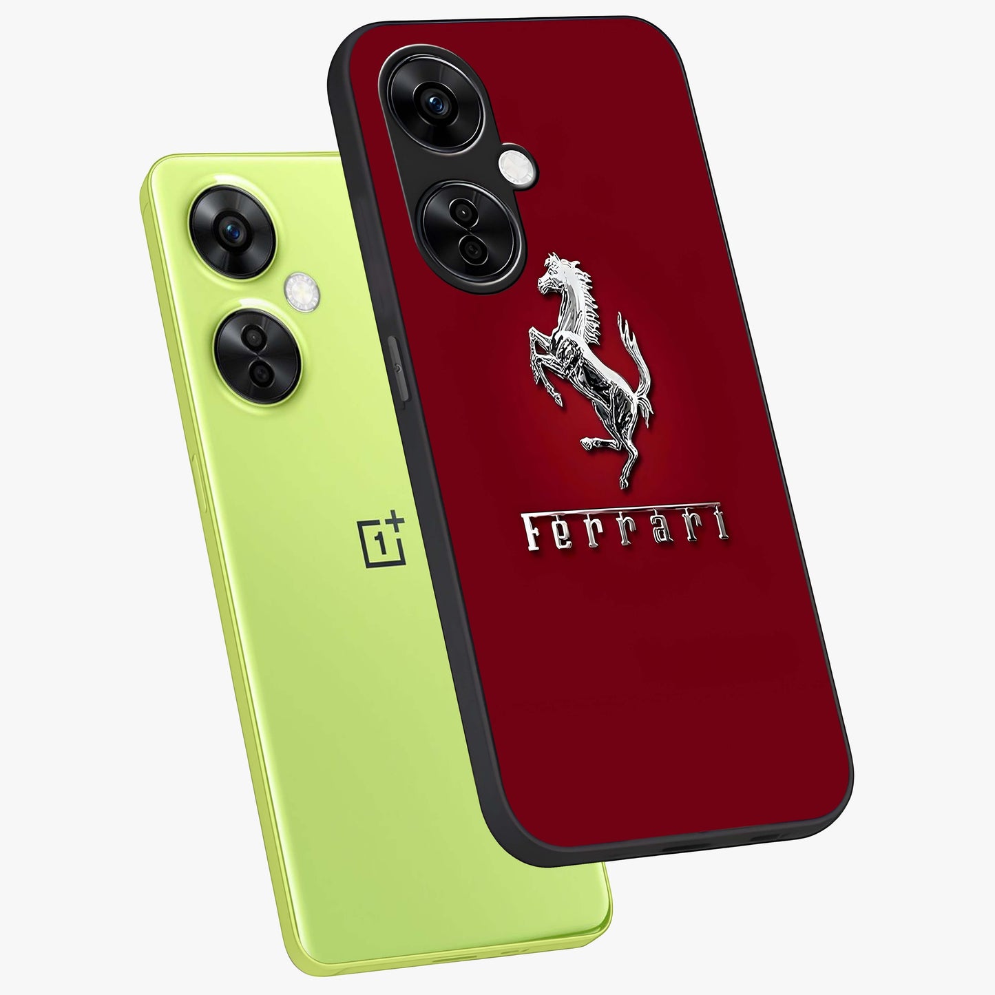 Crimson Stallion Prestige Glass Case for 1+Nord CE 3 Lite angled mockup showcasing glossy finish and bold equestrian detailing