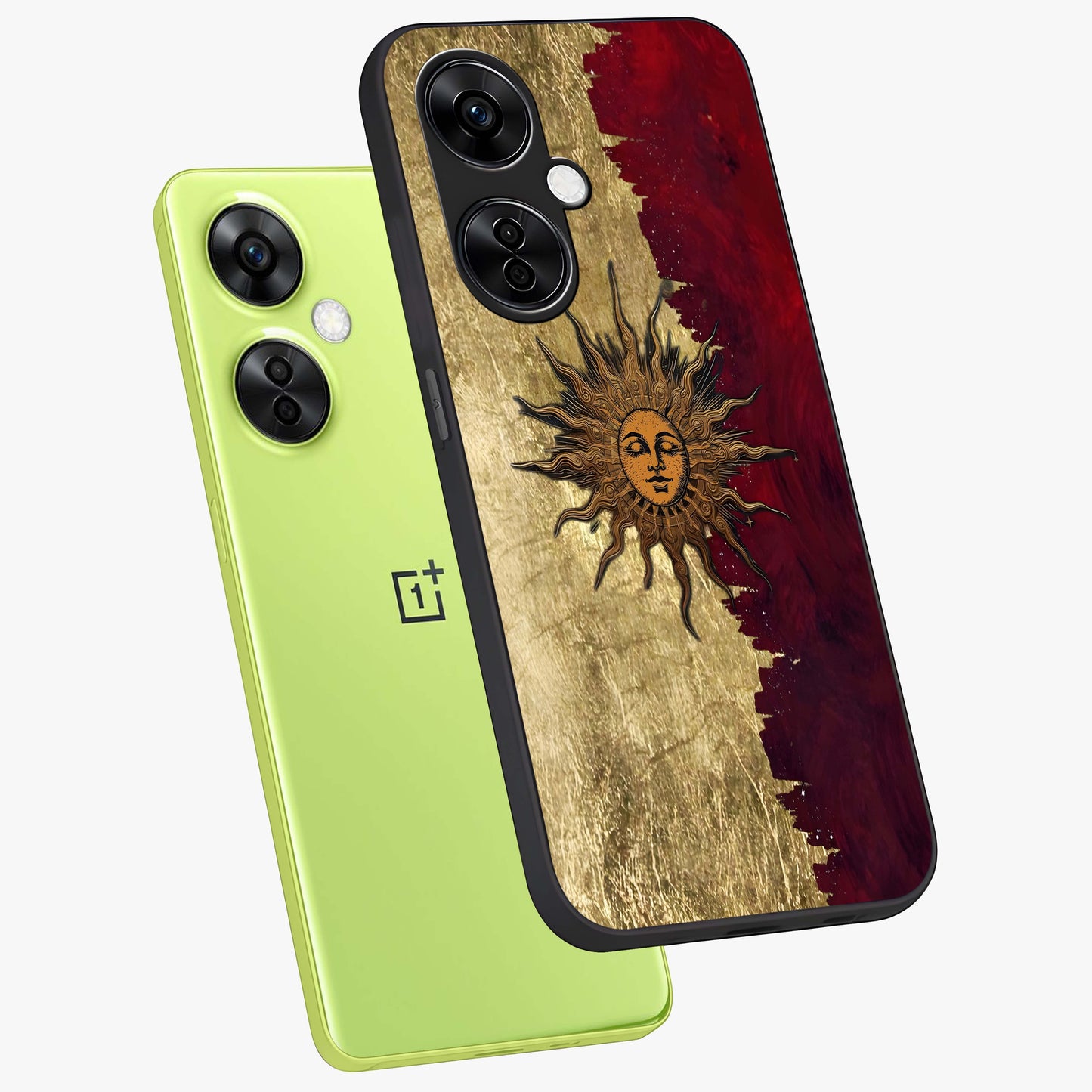 Crimson Sun Majesty Glass Case for 1+Nord CE 3 Lite angled mockup showcasing glossy finish and majestic celestial tones