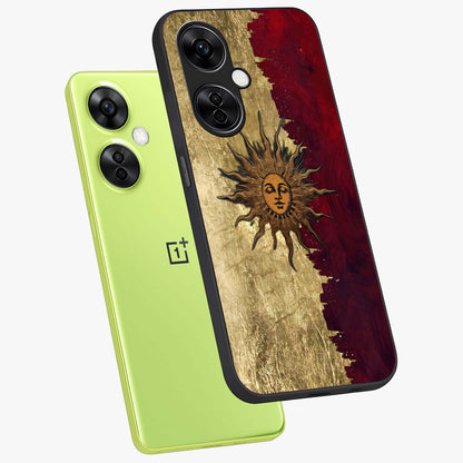 Crimson Sun Majesty Glass Case for 1+Nord CE 3 Lite angled mockup showcasing glossy finish and majestic celestial tones