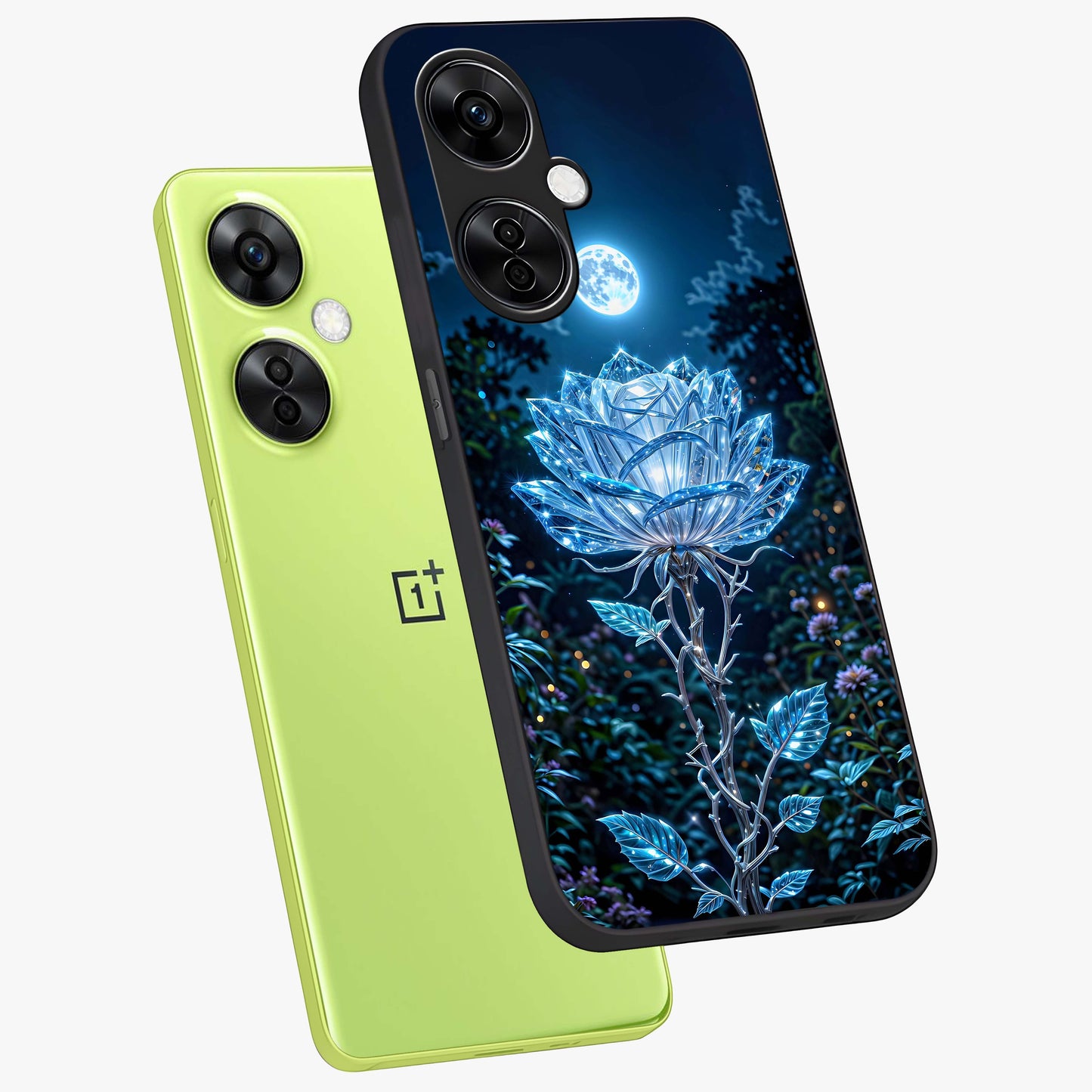 Crystal Moon Lotus Glass Case for 1+Nord CE 3 Lite angled mockup showcasing glossy glass finish and luminous floral detailing
