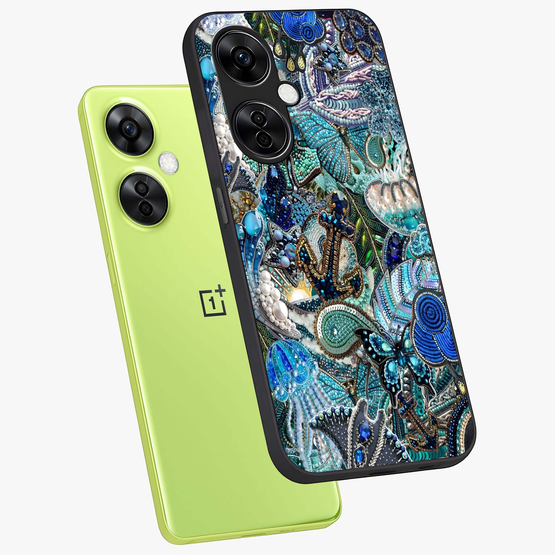 Crystal Ocean Magic Glass Case for 1+Nord CE 3 Lite angled mockup showcasing glossy finish and flowing aqua tones