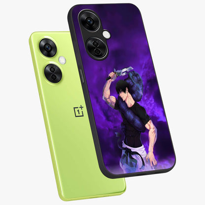 Cursed Strength Ascension Glass Case for 1+Nord CE 3 Lite angled mockup showcasing glossy finish and bold shadow detailing