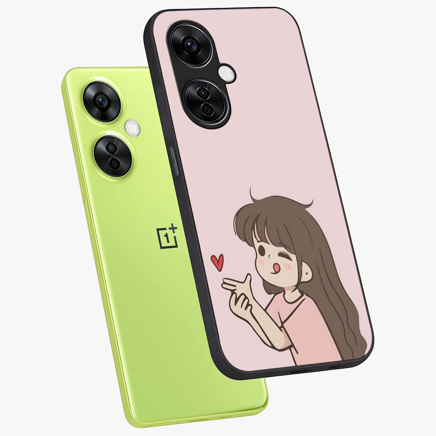 Cute Kiss Heart Glass Case for 1+Nord Ce 3 Lite angled mockup showcasing glossy finish and soft pastel tones